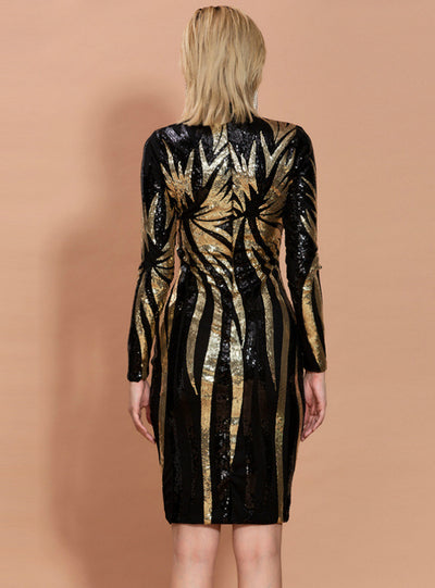 Long Sleeve Round Neck Geometric Sequins Dress