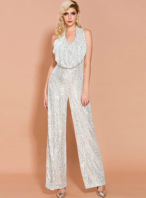 Sleeveless Sequined Jumpsuit Straight Trousers