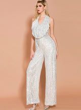 Sleeveless Sequined Jumpsuit Straight Trousers