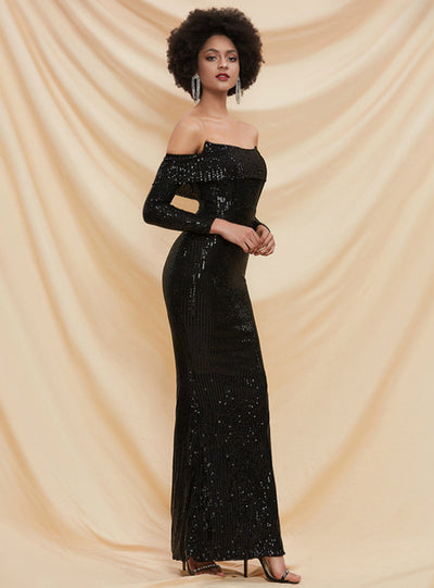 Off Shoulder Tube Top Long Sleeve Sequined Party Dress