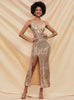Sexy Split Geometric Sequins Long Suspenders Dress