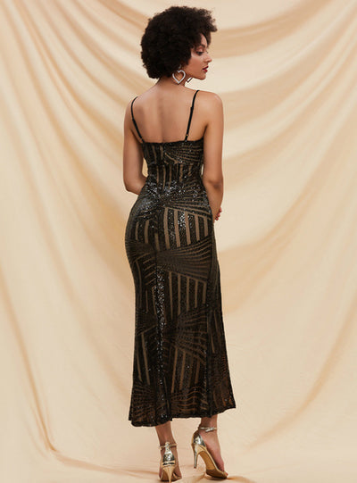 Sexy Split Geometric Sequins Long Suspenders Dress