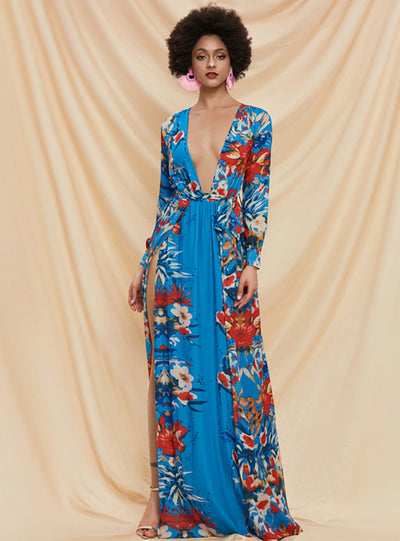 Hot Stamping Chiffon Large Swing Long Sleeve Dress