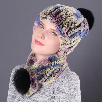Rex Rabbit Fur Hat Scarf Winter Two-piece Set