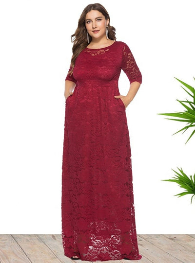 Hollow Lace Pocket Short Sleeve Long Dress