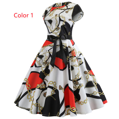 Retro Printed Short Sleeve Lace-up Dress