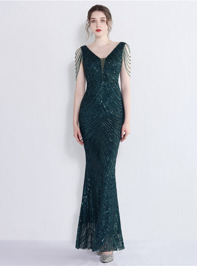 Mermaid V-neck Sequins Beading Party Dress