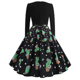 Cactus Print Long Sleeve Round Neck Dress