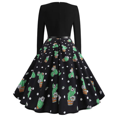 Cactus Print Long Sleeve Round Neck Dress
