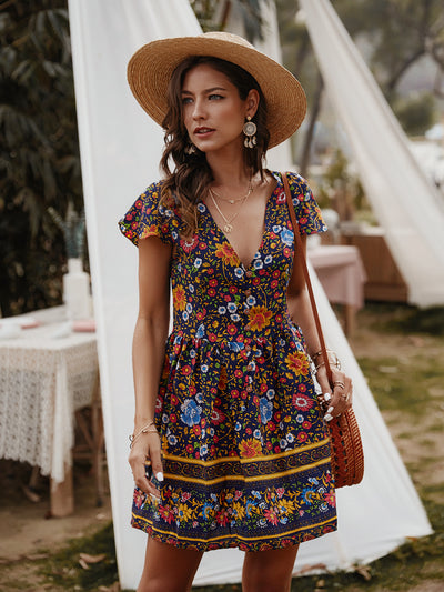 V-neck Holiday Casual Print Dress