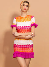 Wave Stripes Contrast Fashion Ruffled Short Sleeve Skirt