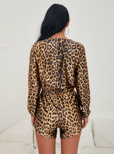 Deep V-neck Long Sleeve Printed One-piece Jumpsuit