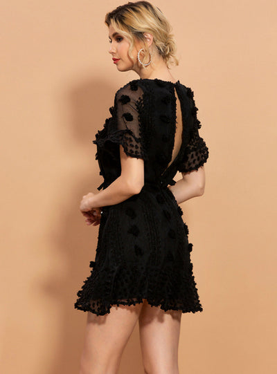 Black Embroidered Backless Short Sleeve Dress