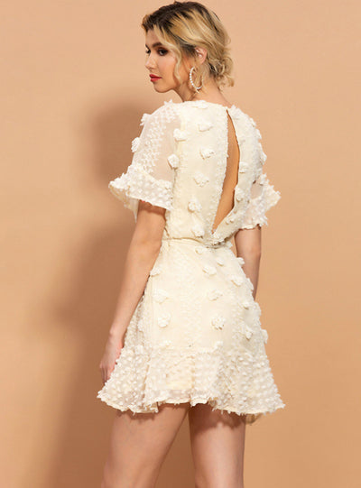 Black Embroidered Backless Short Sleeve Dress