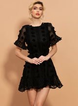 Black Embroidered Backless Short Sleeve Dress