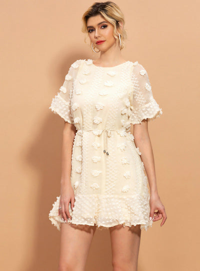 Black Embroidered Backless Short Sleeve Dress