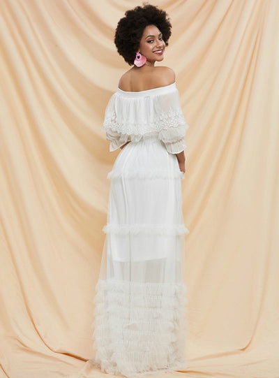 White Chiffon Waist Lace Long Cake Skirt