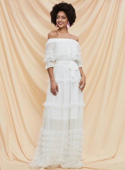 White Chiffon Waist Lace Long Cake Skirt