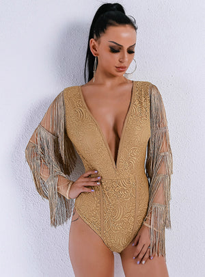 Slim Deep V Tassel Long Sleeve Jumpsuit Shorts