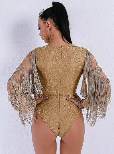 Slim Deep V Tassel Long Sleeve Jumpsuit Shorts