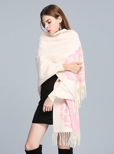 Jacquard Fringed Knitted Shawl Cloak Bat Sleeve Padded