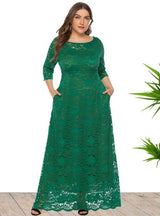 Hollow Lace Pocket Short Sleeve Long Dress