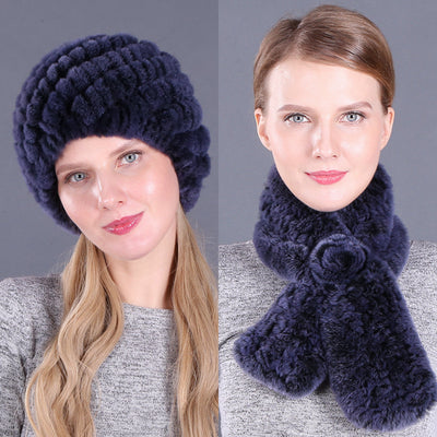 Warm Pineapple Rex Rabbit Fur Hat Scarf Set