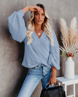 Loose V-neck Lantern Sleeve Top