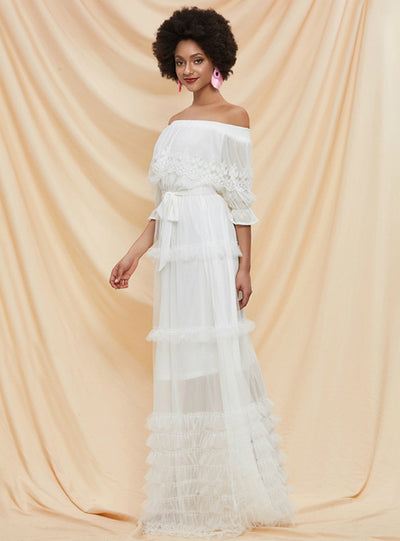 White Chiffon Waist Lace Long Cake Skirt