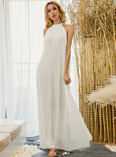 White Boho Solid Color Chiffon Long Dress