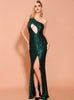One-shoulder Sequined Sleeveless Evening Dress With Split