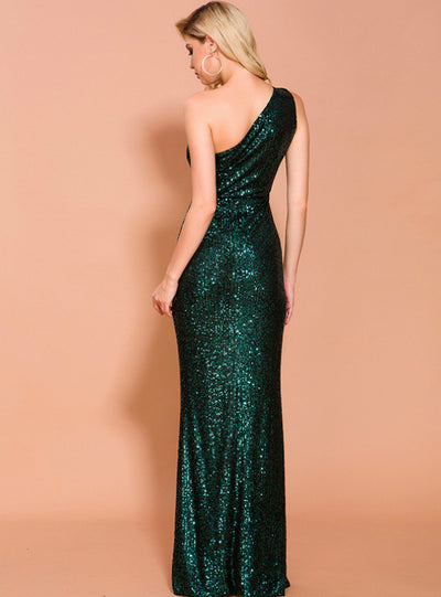 One-shoulder Sequined Sleeveless Evening Dress With Split