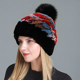 Women's Rex Fur Hat Fox Fur Ball Wool Hat