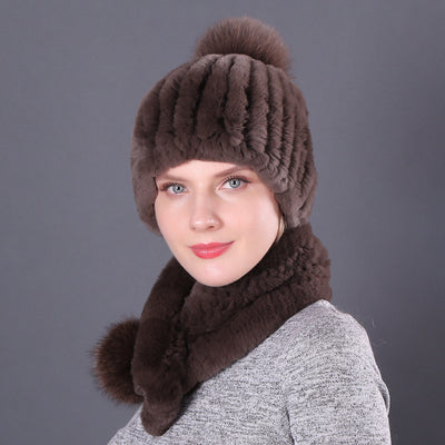 Rex Rabbit Fur Hat Scarf Winter Two-piece Set