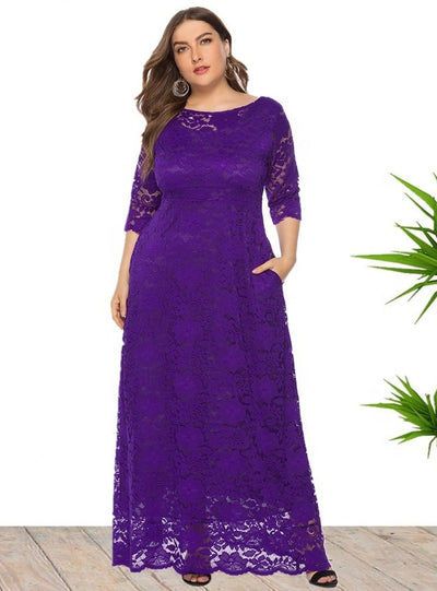 Hollow Lace Pocket Short Sleeve Long Dress