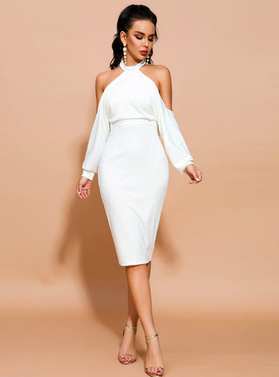 White Halter Long Sleeve Dew Shoulder Party Dress