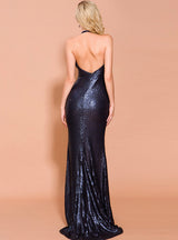 Navy Blue Mermaid Sequins Backless Long Party Dress
