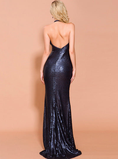 Navy Blue Mermaid Sequins Backless Long Party Dress