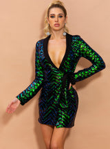 Sequin Geometric Long Sleeve V-neck Sparkling Dress