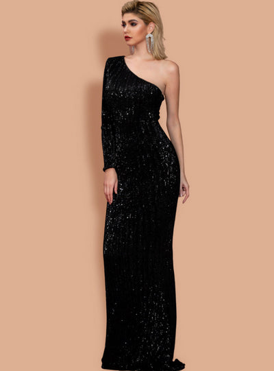Irregular Blue Sequined Tail Banquet Dress