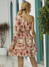 Chiffon Floral One Shoulder Slim Short Dress