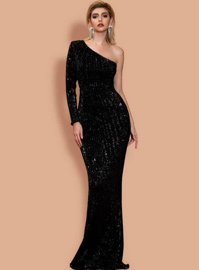 Irregular Blue Sequined Tail Banquet Dress