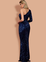 Irregular Blue Sequined Tail Banquet Dress