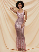 Backless Bow Sequins Sparkle Sling Tail Evening Dress