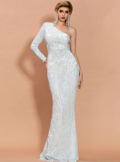 Irregular Blue Sequined Tail Banquet Dress