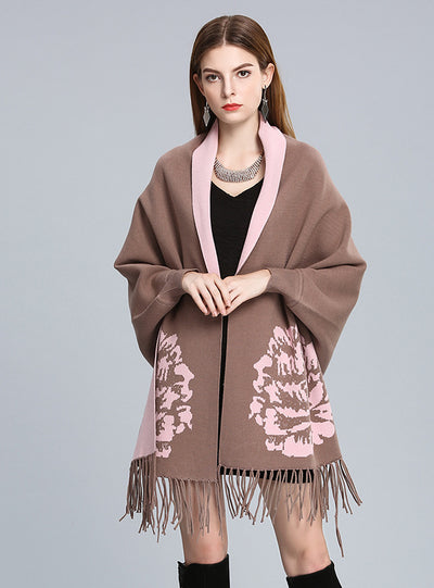 Jacquard Fringed Knitted Shawl Cloak Bat Sleeve Padded