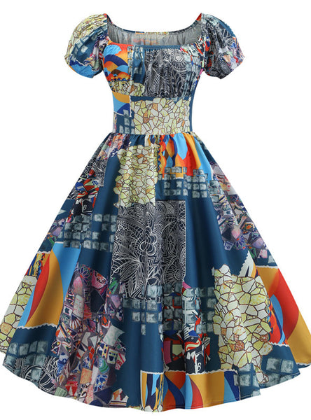 Colorful Print Short Sleeve Vintage Dress
