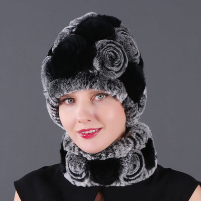 Women Rex Hair Rose Hat Scarf Set