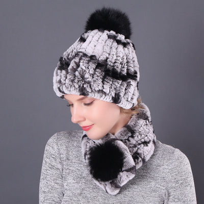 Rex Rabbit Fur Hat Scarf Winter Two-piece Set