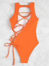 Sexy Hollow Lace Up One Piece Bikini